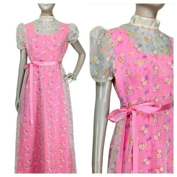 VTG 60s Cottagecore Velvet Floral Chiffon Overlay Puff Sleeve Prairie Maxi Dress